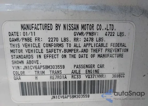 2011 Infiniti G37 Journey from USA, damaged, VIN JN1CV6AP5BM303559